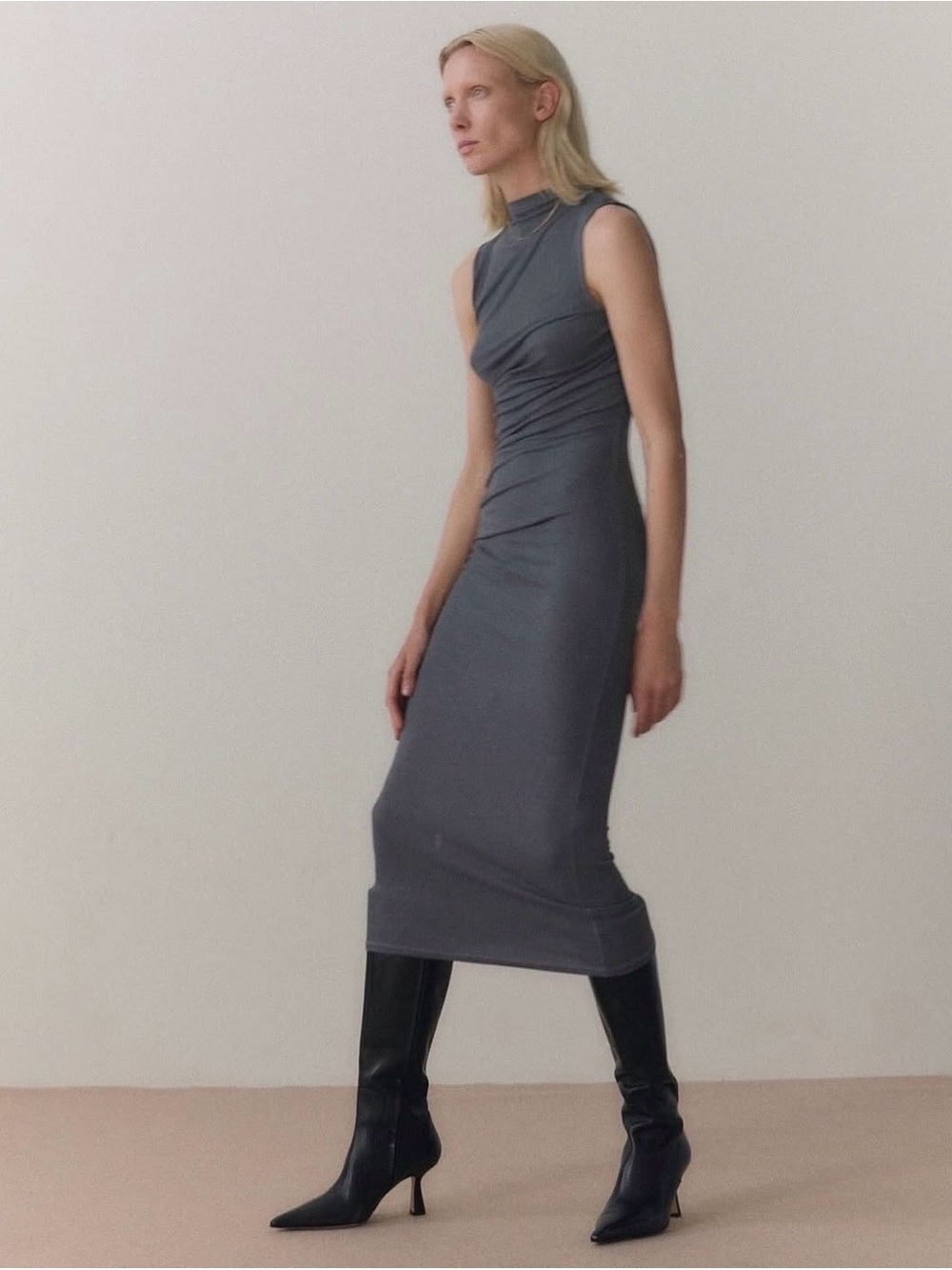 Enza Costa Silk Knit Sleeveless Twist Midi Dress in Slate Gray Size S